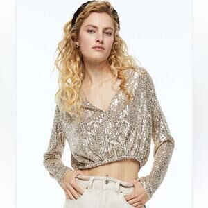 H&M NWT Sequin Wrap Blouse Women’s Size XS Silver Long Sleeve Party Top